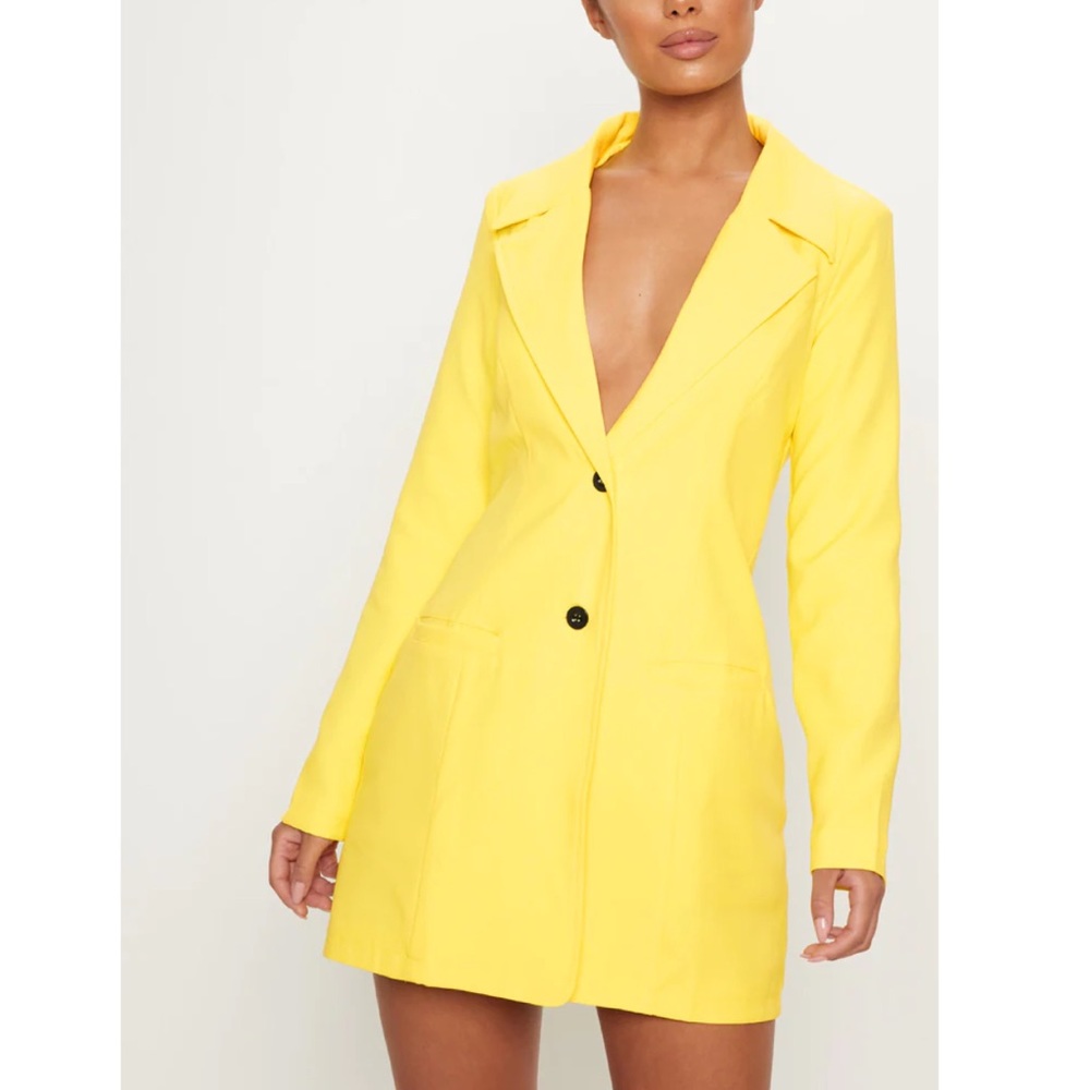 Yellow Plunge Contrast Button Button Blazer Dress